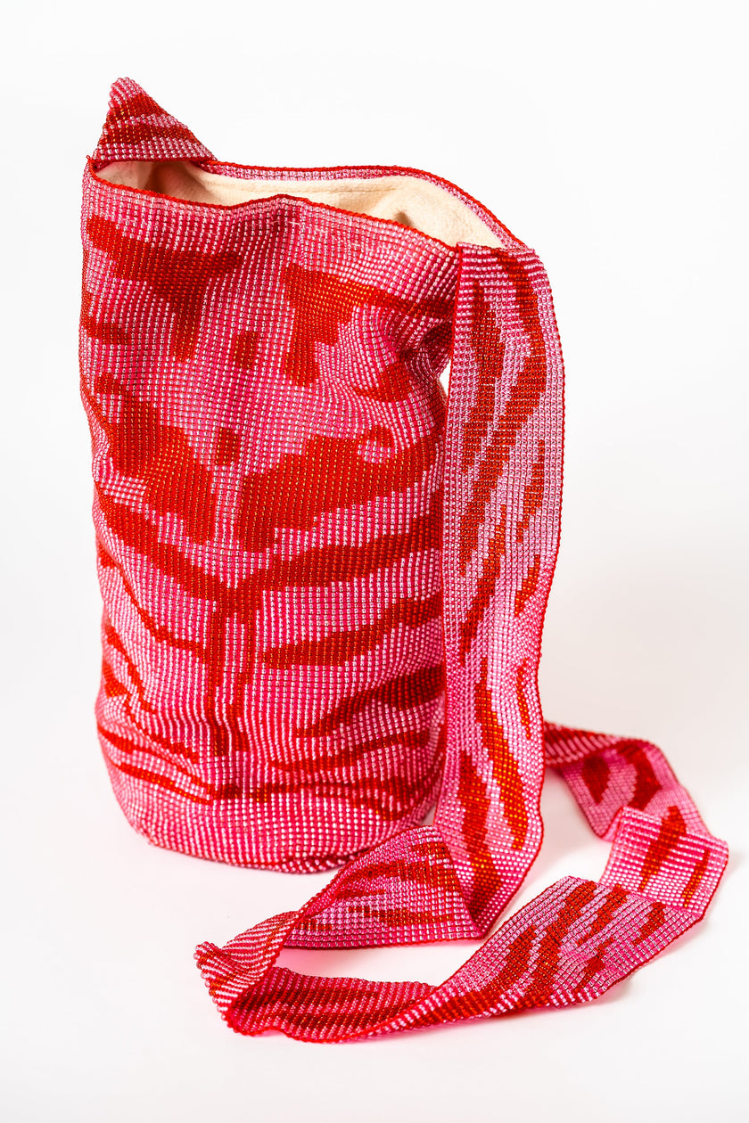 Handmade Beaded Mochila Bag with Pink and Red Shakiras