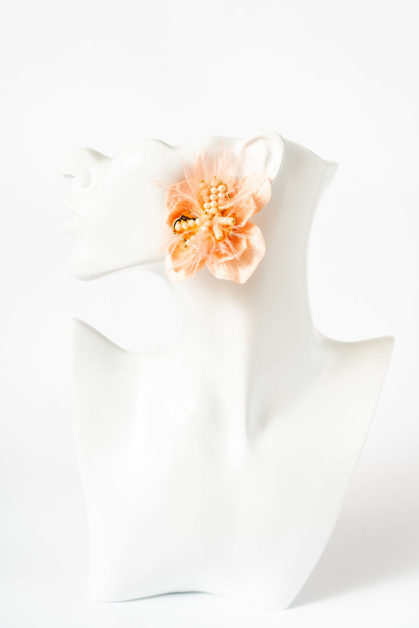 Salmon Color Velvet Orchid Earring with Fethers