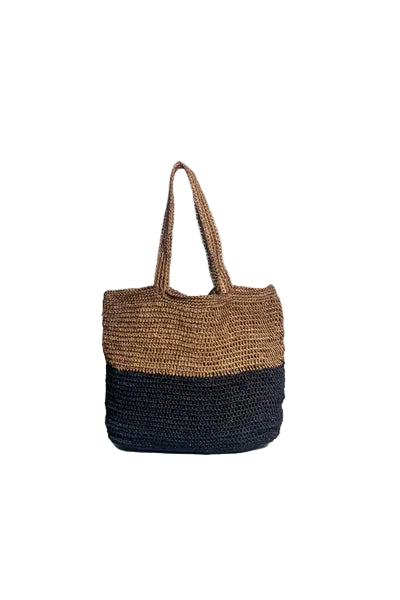 A handcrafted two-tone brown and black straw tote bag with handles.