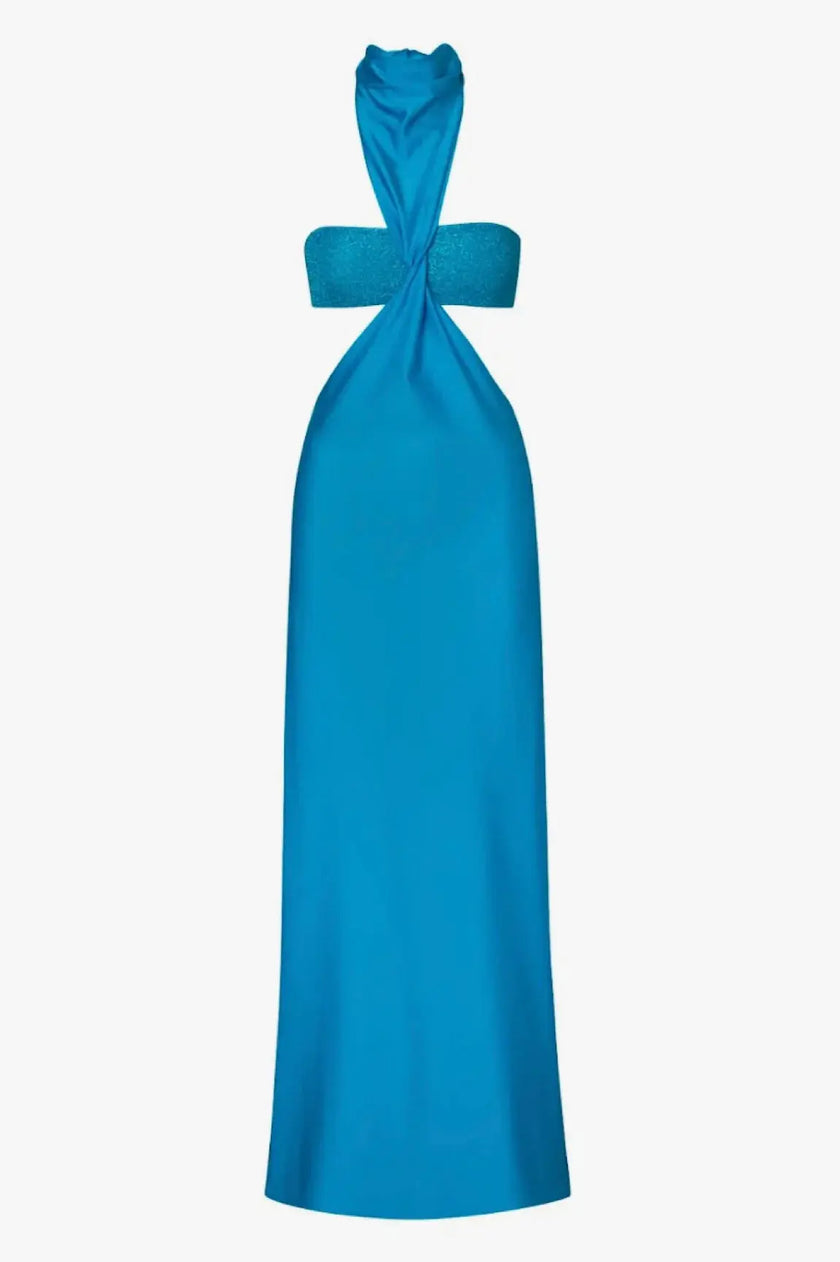 Side view of the Aluna Dress, emphasizing the body-hugging fit and asymmetrical hem.