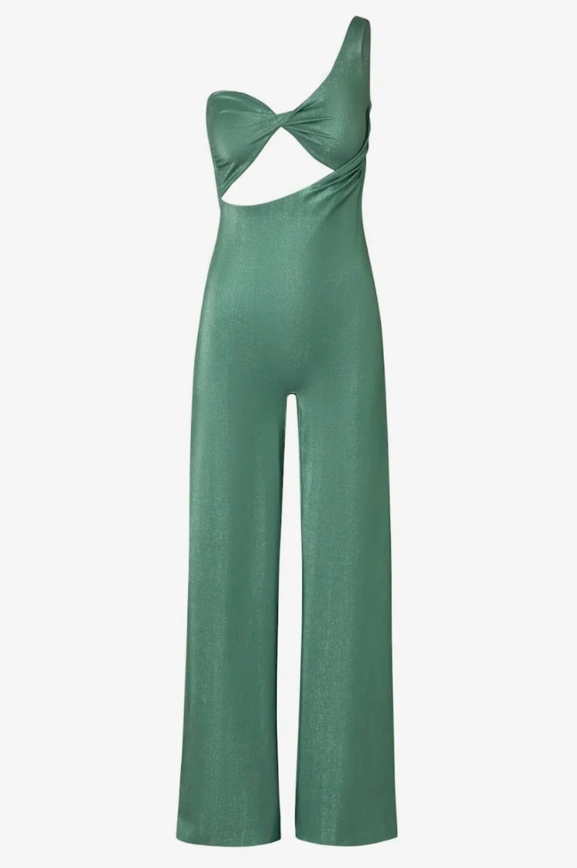 Rear view of the Arrecife Jumpsuit, revealing the open back and twisted strap detail.