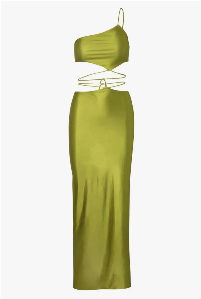 Side view of the Cala Set, emphasizing the figure-hugging fit and asymmetrical design.