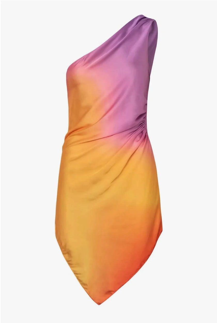 Side view of the Celia Dress, emphasizing the ruched detailing and asymmetrical hemline.