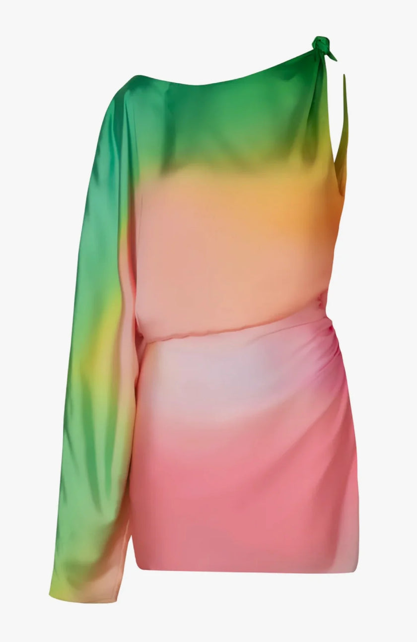 Studio shot of the Dolly Dress, one-shoulder with long sleeve and soft gradient from green to pink.