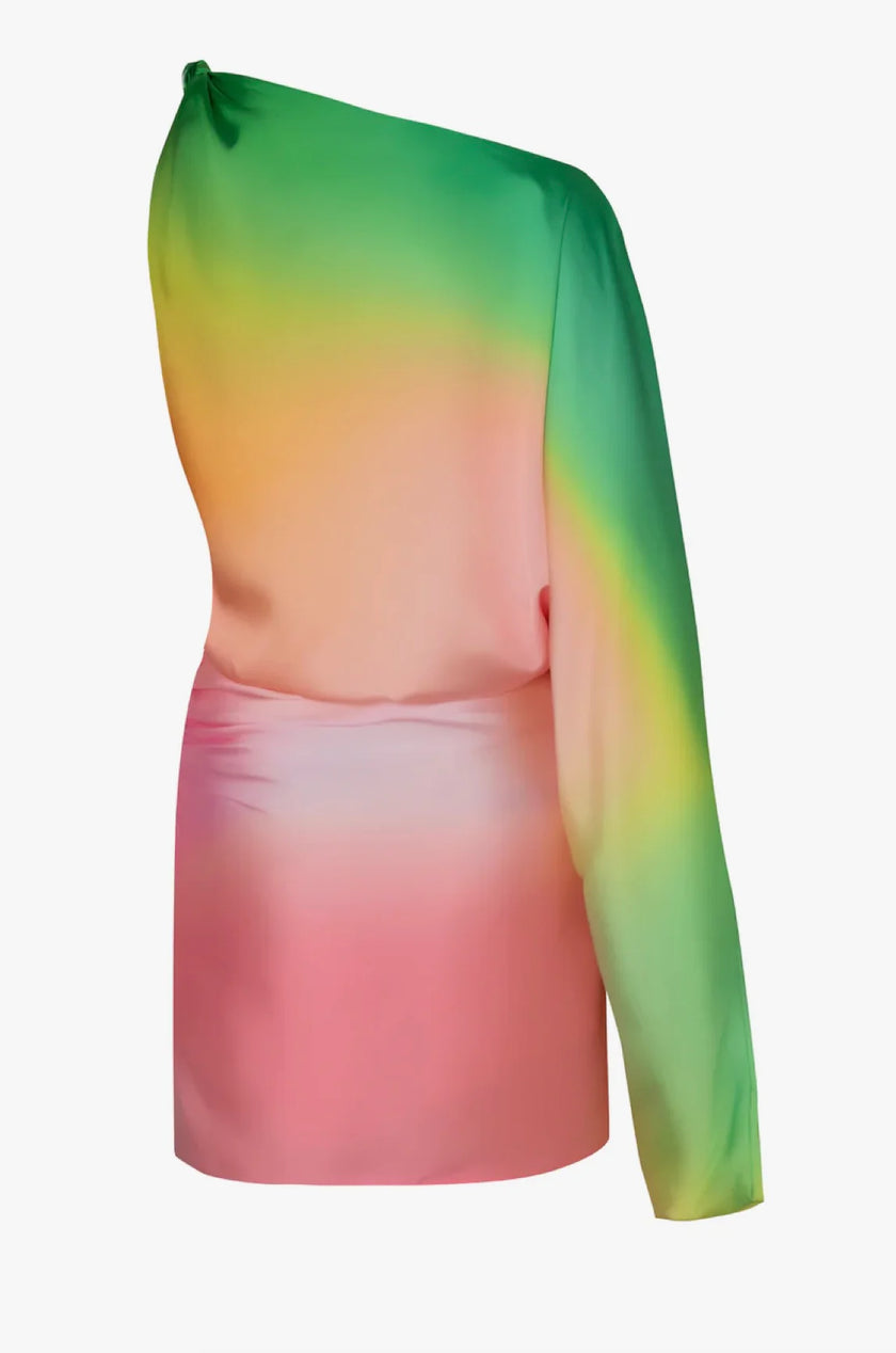 Back view of the Dolly Dress highlighting its one-sleeve design and smooth gradient color fade.