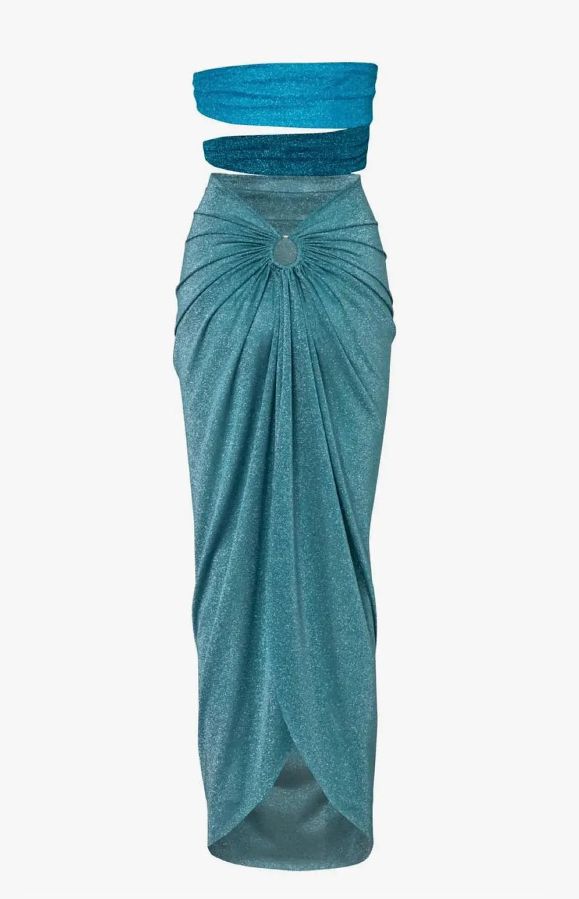 Rear view of the Isla Maxi Dress, revealing the back metal accent and seamless construction.