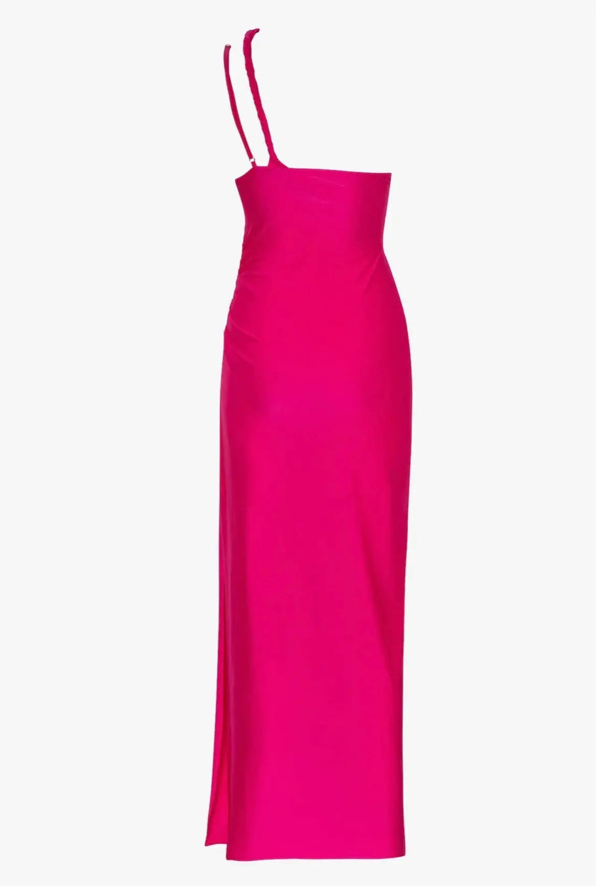 Side view of the Lia Dress in Fucsia, emphasizing the figure-hugging fit and adjustable strap detail.
