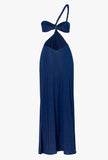 Detailed shot focusing on the twisted top and asymmetric cutout features of the Noche Azul Noah Dress.