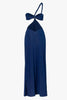 Detailed shot focusing on the twisted top and asymmetric cutout features of the Noche Azul Noah Dress.