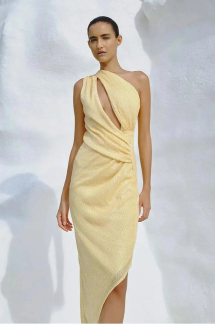 Front view of the Noe Dress, showcasing the one-shoulder style and flowing maxi-length skirt.