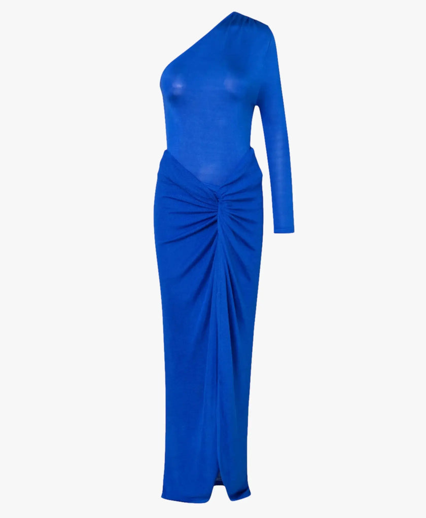 Rear view of the Noemi Dress, revealing the off-the-shoulder style and seamless construction.