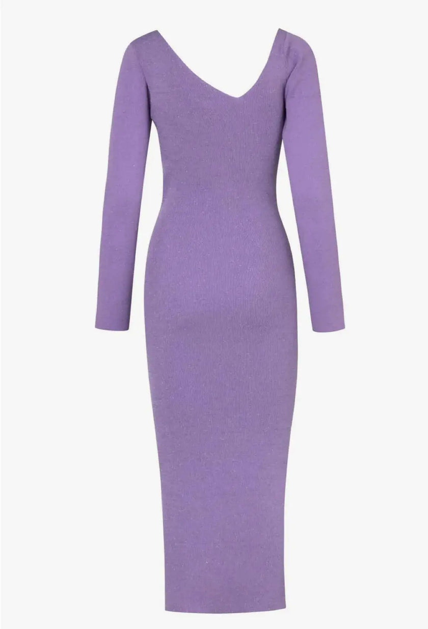 Side view of the Oleada Dress in Avril, emphasizing the form-fitting design and maxi length.