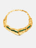 Front view of the Bimy necklace against a white background, handcrafted in bronze with 24k gold plating and Colombian emeralds.