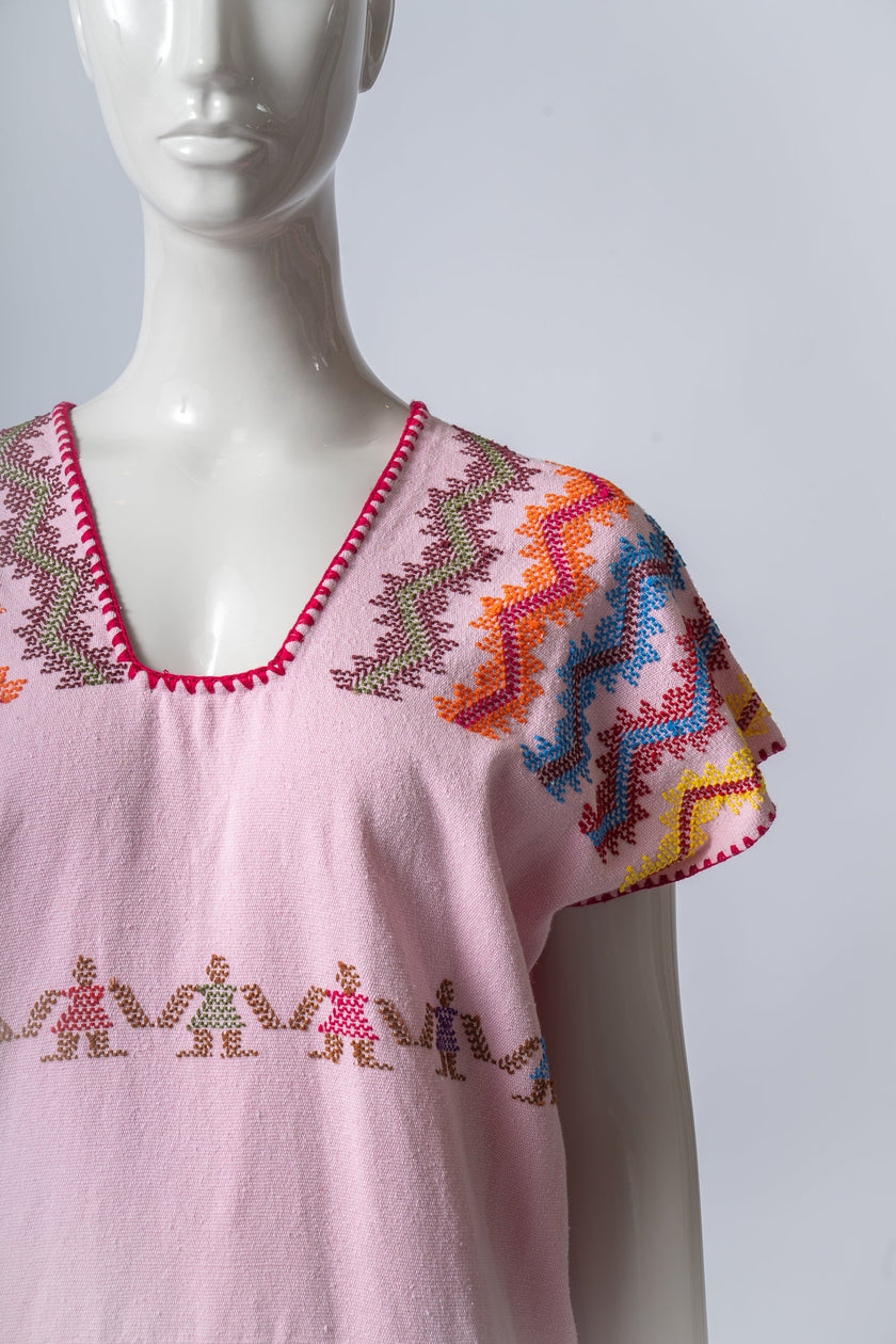 Vestido Oaxaca Rosa Claro con Acentos Multicolor