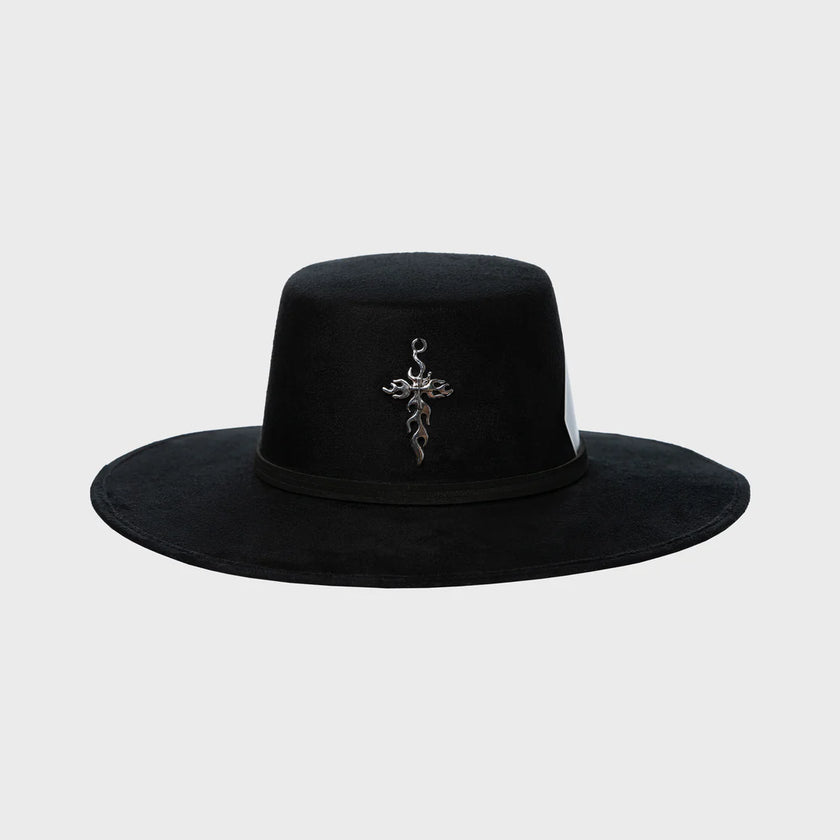 Black wide-brim hat with a metallic flaming cross emblem, displayed on a light gray background.