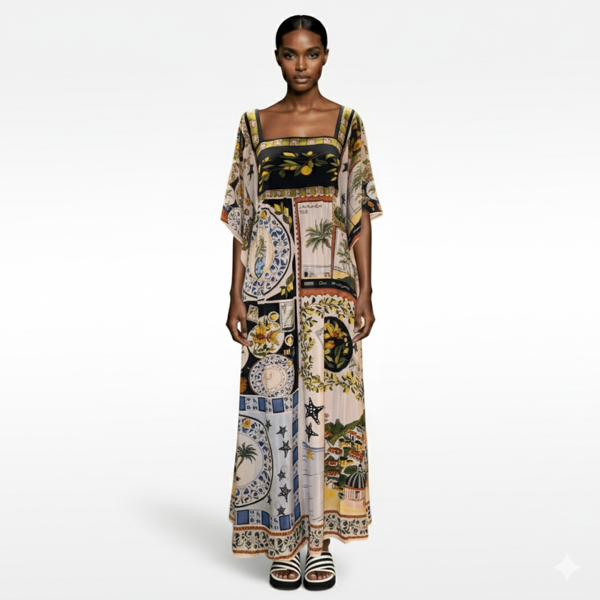 Farm Rio | Long Dress in Chiffon and Printed Cotton