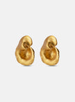 Pair of matte gold earrings with soft, curved surfaces and a fluid, asymmetrical design.