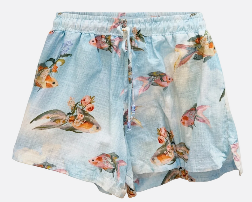 Skirt with fish and floral pattern on a light blue background