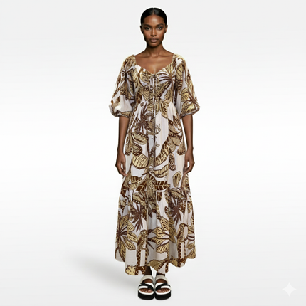 Farm Rio | Long Dress with Sling with Yellow Tropical Print