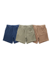 Three pairs of shorts in blue, beige, and brown on a white background
