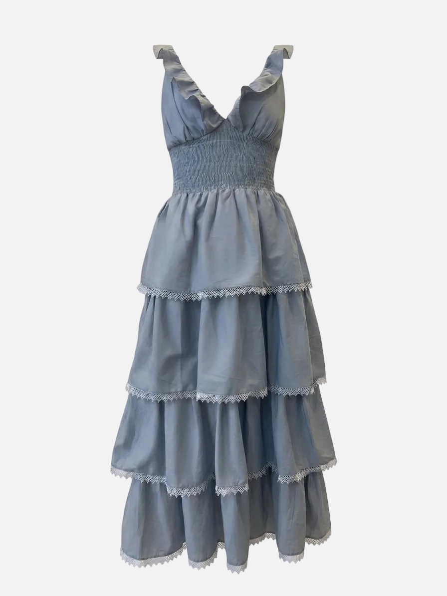 <strong>FARM RIO </strong><br>Long Dress with a low neck in Denim