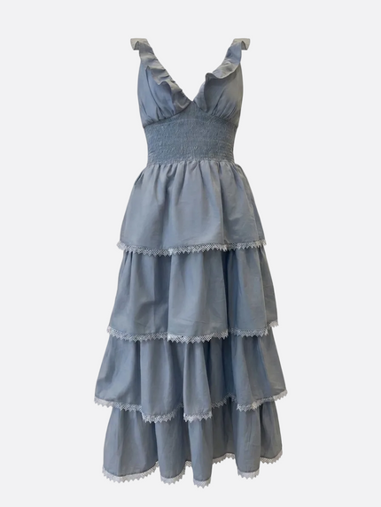 <strong>FARM RIO </strong><br>Long Dress with a low neck in Denim