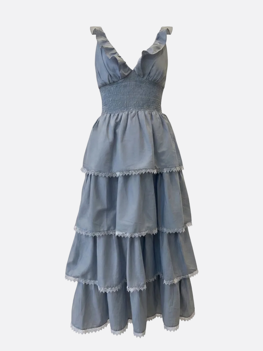 <strong>FARM RIO </strong><br>Long Dress with a low neck in Denim