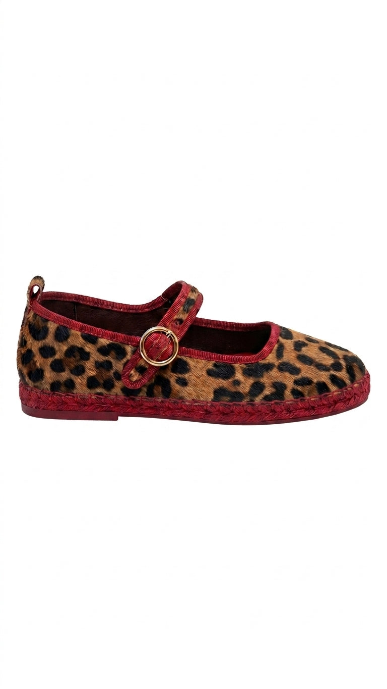 A single Adidas ballet flat shoe featuring a leopard print pattern on the upper, light pink leather side stripes and trim, and a gum sole.