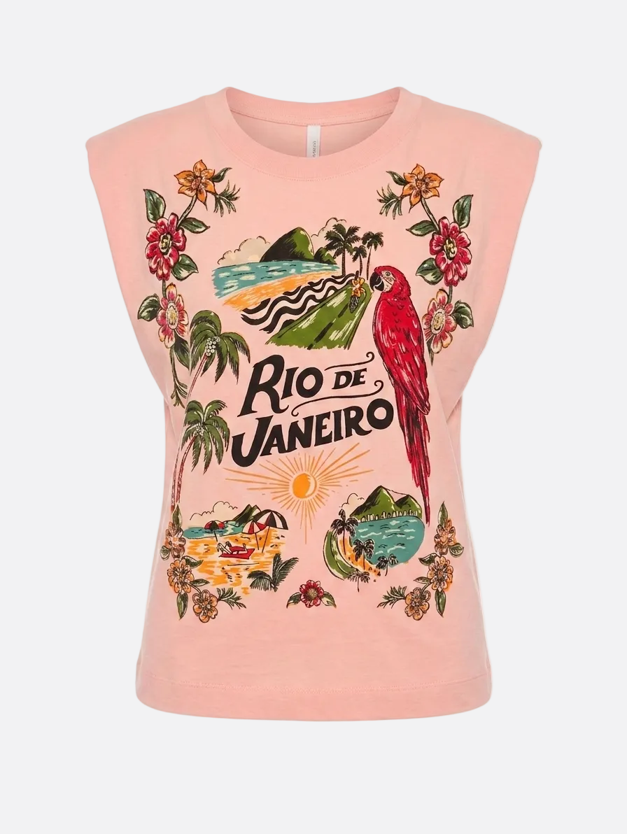 Pink sleeveless top with Rio de Janeiro design featuring a parrot and tropical elements on a white background.