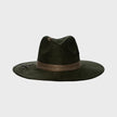 Front view of the Olive Pirates hat in deep olive green suede with brown ribbon and crossed sword emblem, set against a light background.