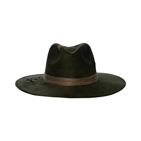 Front view of the Olive Pirates hat in deep olive green suede with brown ribbon and crossed sword emblem, set against a light background.