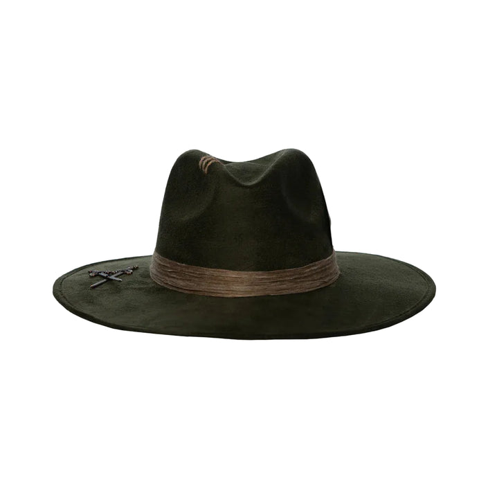 Front view of the Olive Pirates hat in deep olive green suede with brown ribbon and crossed sword emblem, set against a light background.