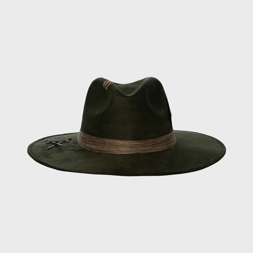 Front view of the Olive Pirates hat in deep olive green suede with brown ribbon and crossed sword emblem, set against a light background.