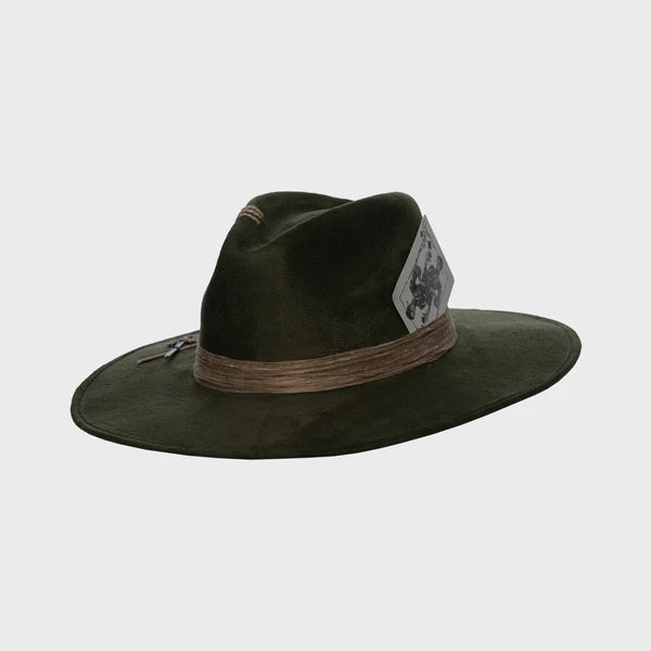 Side profile of the Olive Pirates hat showing its vintage card detail tucked into the band and rustic suede texture.