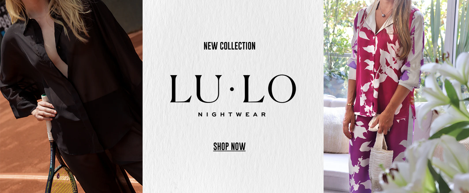 LULO Nightwear New Collection banner featuring the Francesca and MAUI sets — tropical elegance in bold silk, photographed in Punta Cana. Shop now.