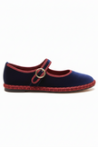 Navy blue shoe with red trim and gold buckle on a white background