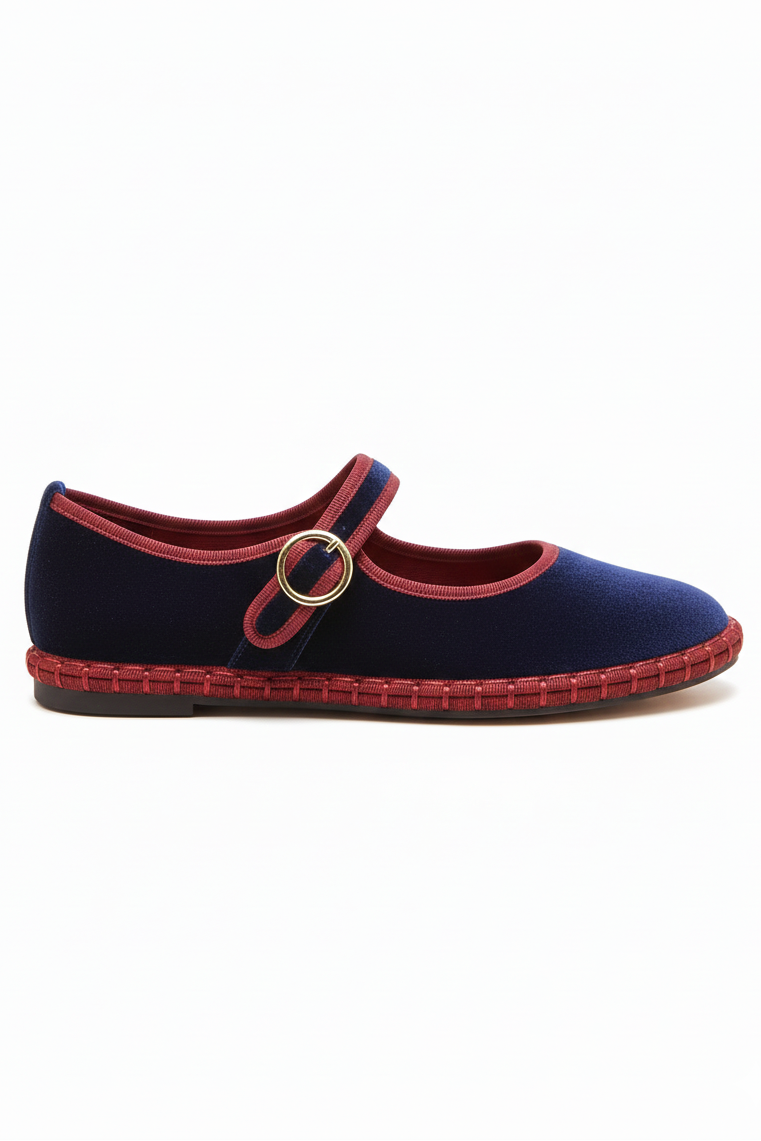Navy blue shoe with red trim and gold buckle on a white background